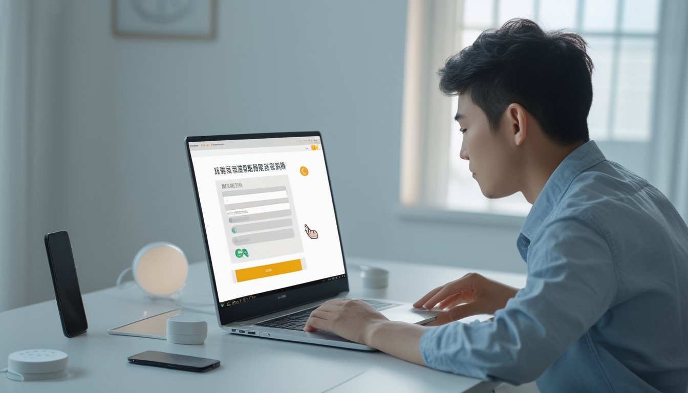 Seseorang sedang menggunakan laptop di meja kerja untuk mendaftar secara online dengan suasana yang tenang dan rapi.