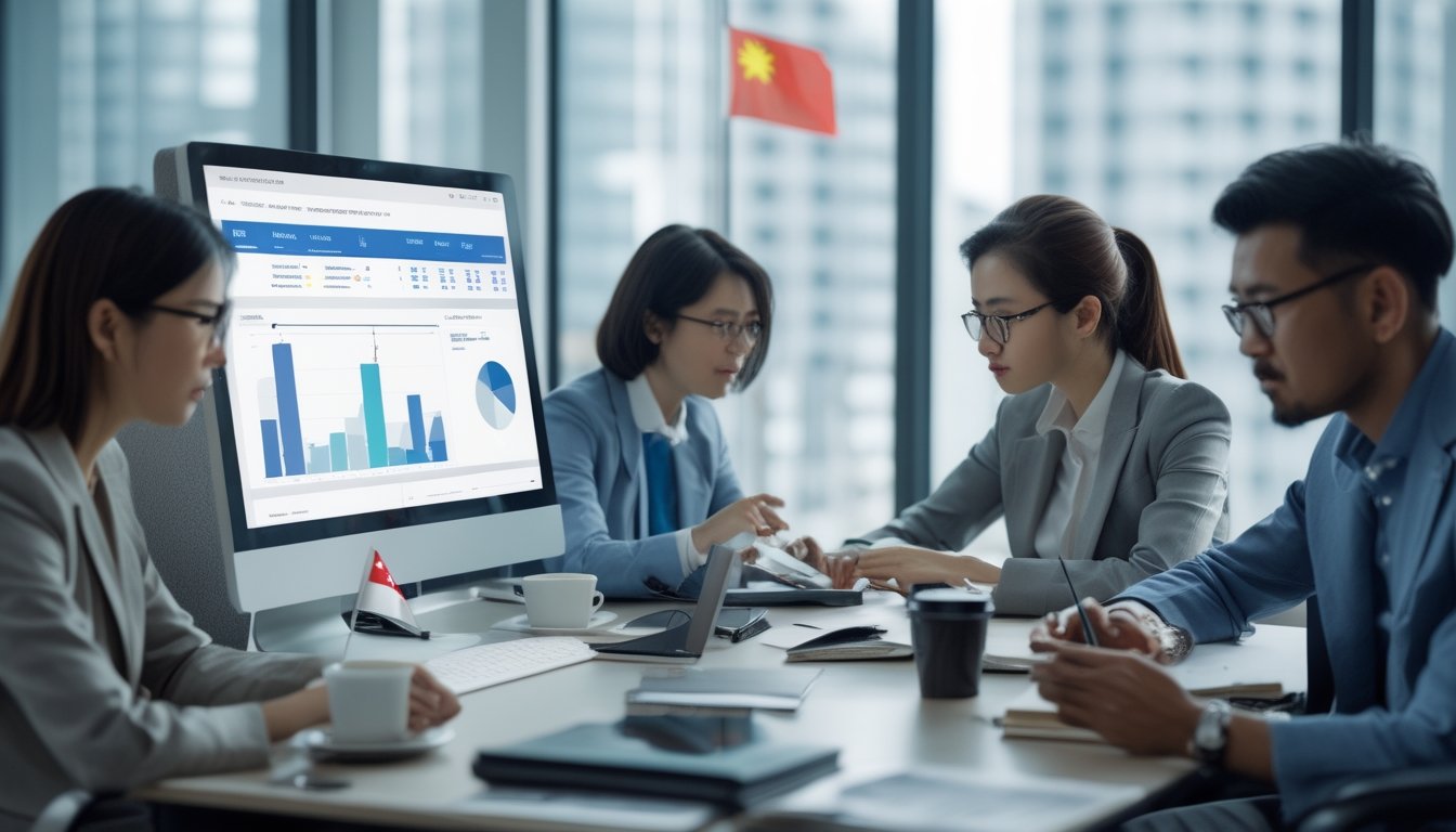 Orang-orang bekerja di kantor modern dengan komputer dan dokumen, berdiskusi dan menganalisis data.
