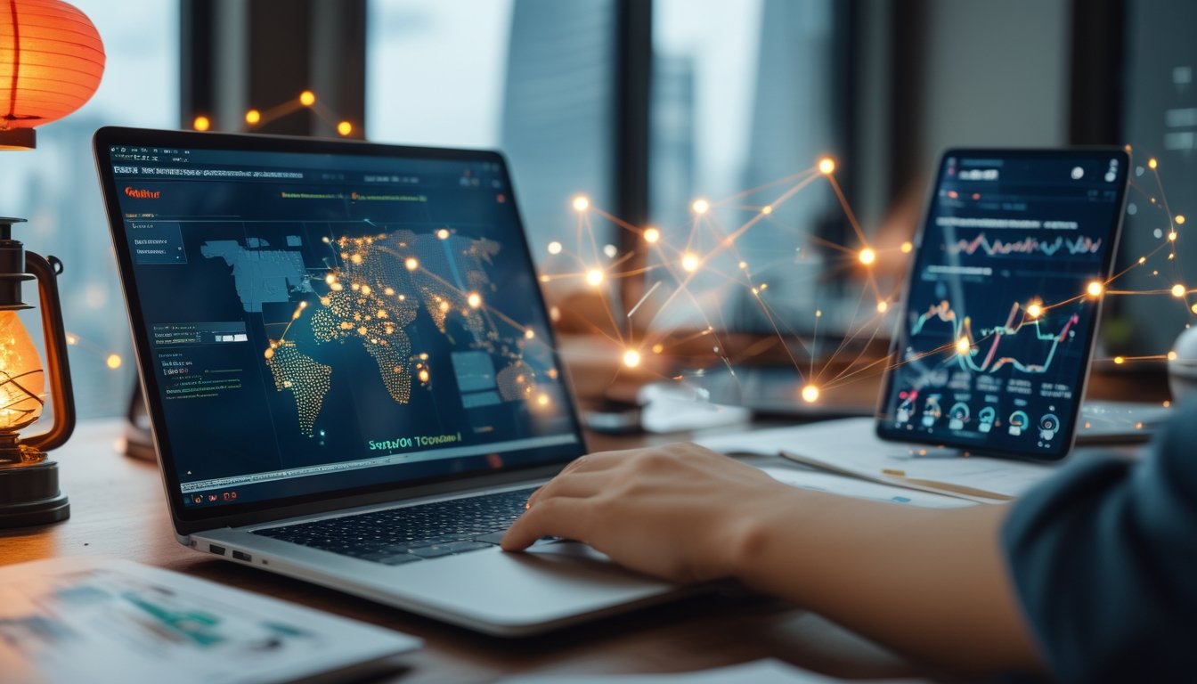 Meja kerja modern dengan laptop yang menampilkan peta Taiwan dan perangkat elektronik di sekitarnya, menggambarkan pencarian informasi dan perkembangan togel Taiwan.