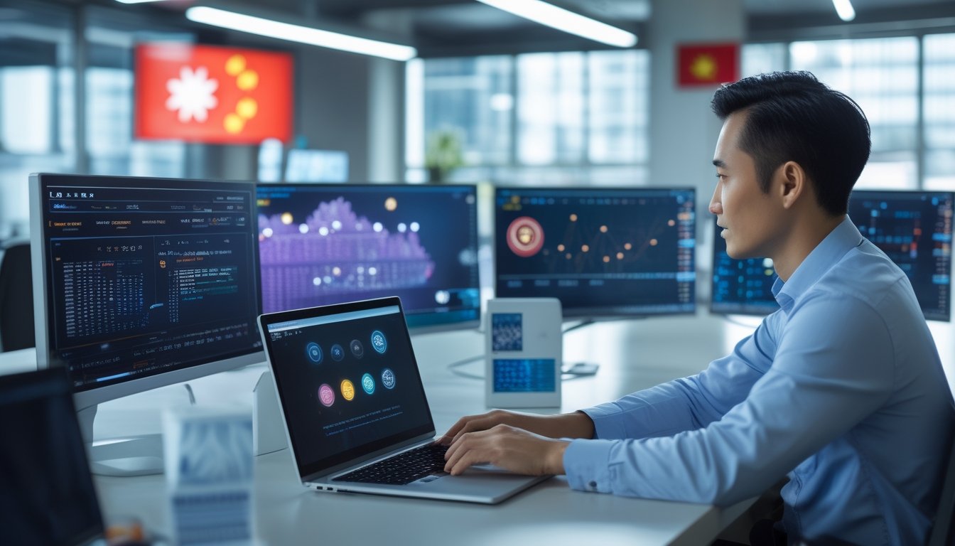 Seorang profesional Asia bekerja di kantor modern dengan laptop dan layar digital yang menampilkan data, suasana bisnis yang profesional dan teknologi.
