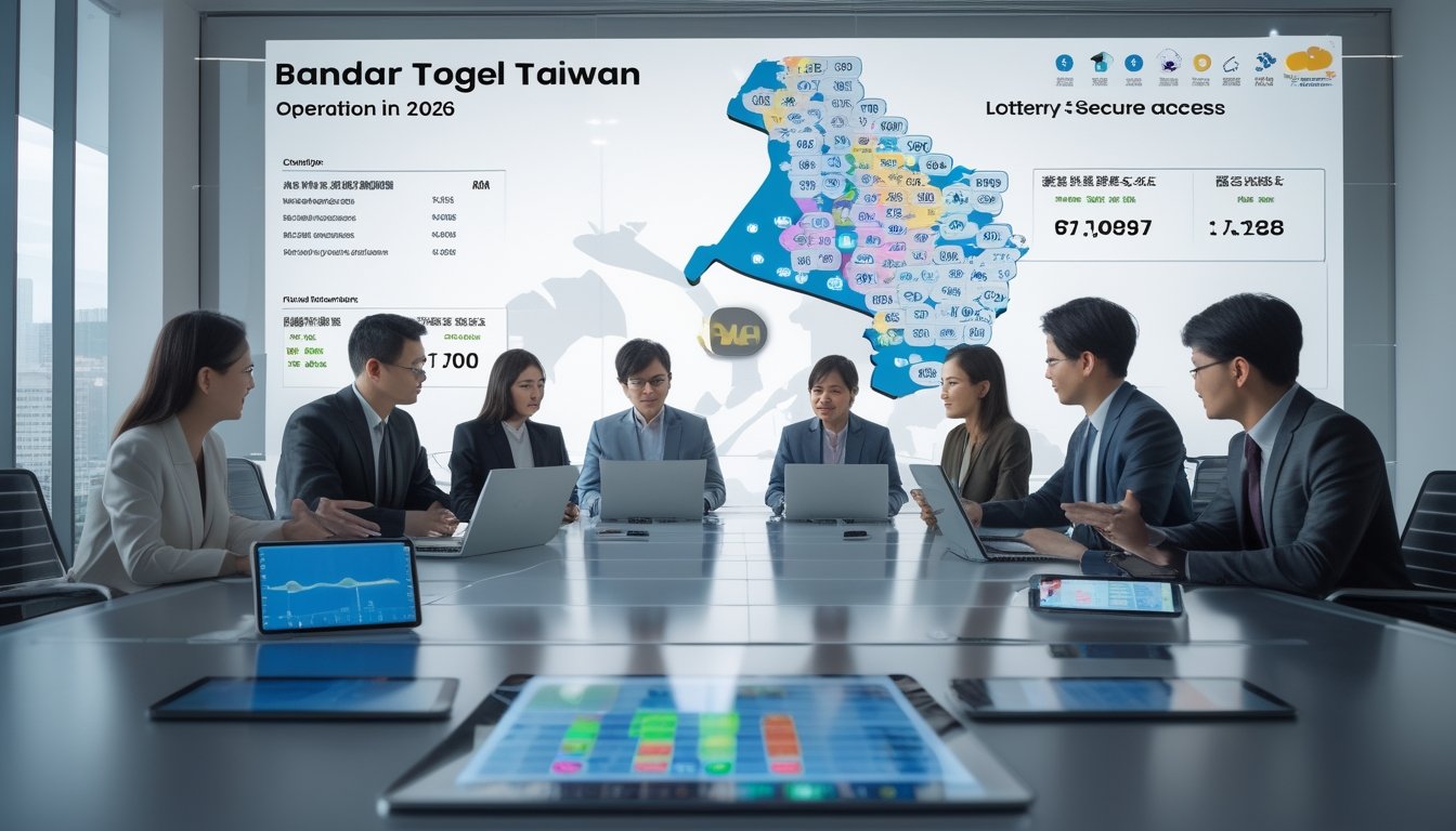 Sekelompok profesional sedang berdiskusi di ruang kantor modern dengan perangkat digital dan layar besar yang menampilkan peta Taiwan serta data terkait lotere.