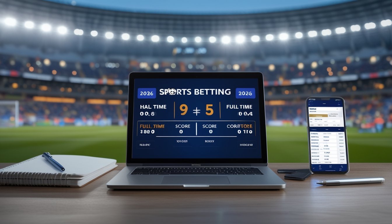 Suasana modern taruhan sepak bola dengan laptop menampilkan skor pertandingan dan stadion penuh penonton di malam hari.