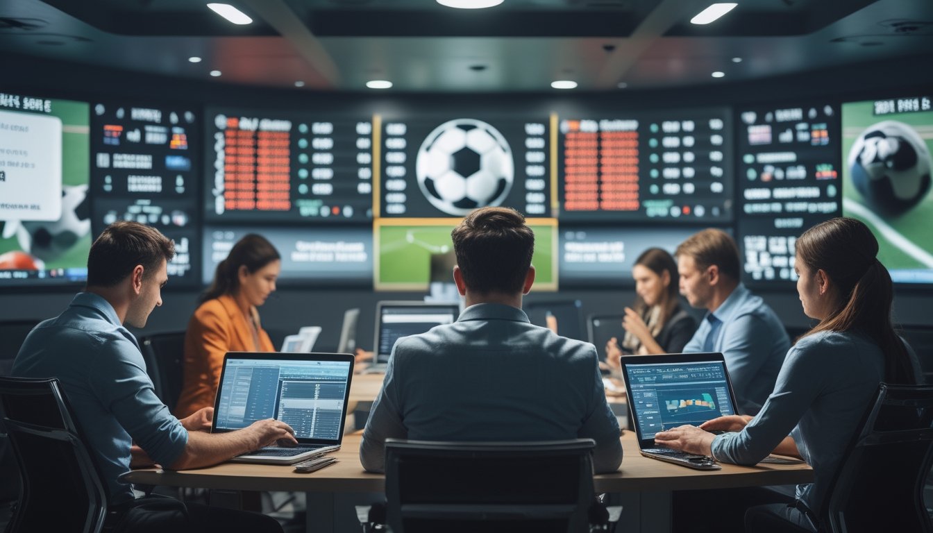 Orang-orang sedang menggunakan perangkat elektronik di ruang modern dengan layar besar menampilkan statistik pertandingan sepak bola dan papan skor.