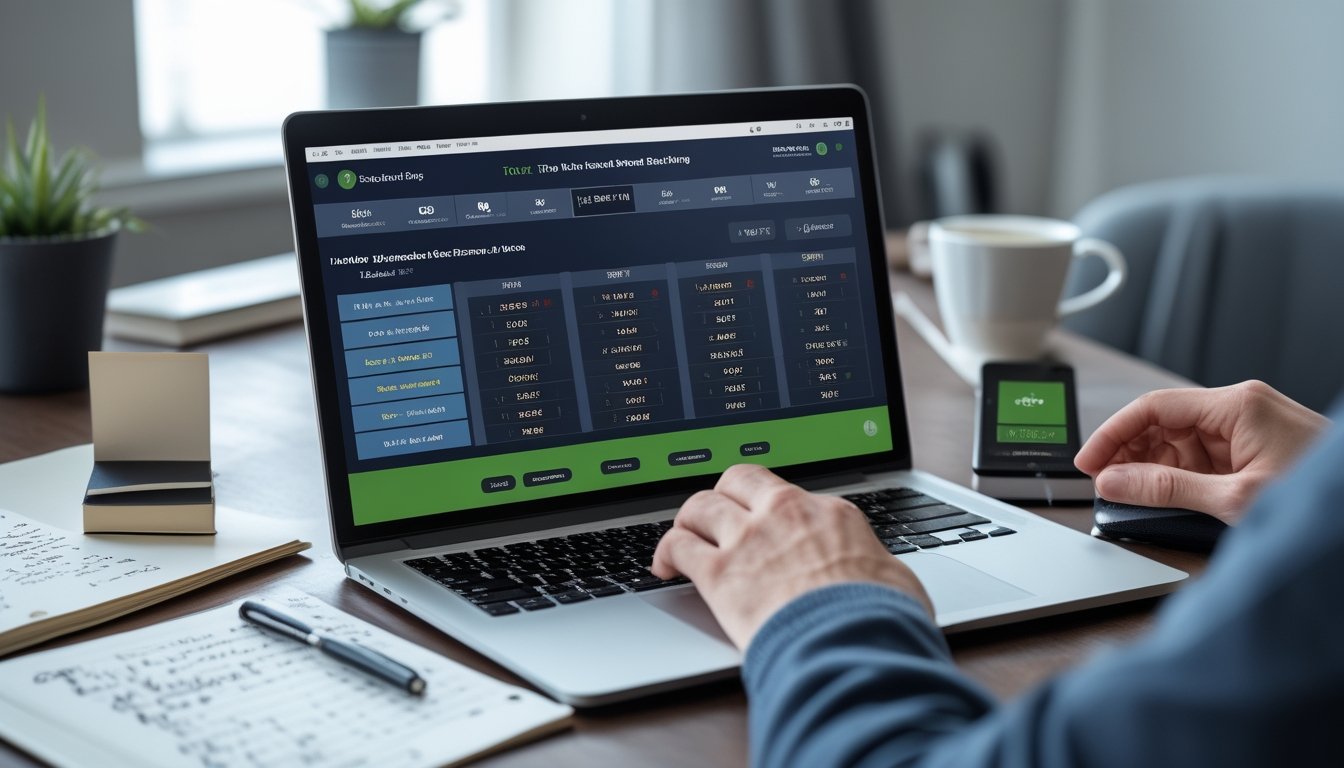 Seorang pengguna duduk di depan laptop dengan tampilan situs taruhan bola yang menampilkan pilihan skor benar untuk paruh waktu dan penuh waktu, di meja terdapat catatan dan ponsel dengan aplikasi taruhan terbuka.