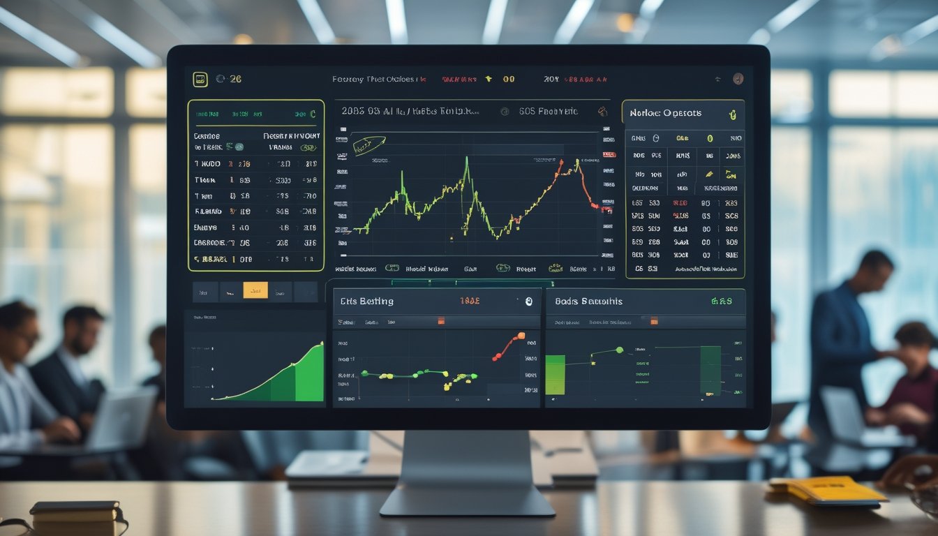 Orang-orang di kantor modern sedang melihat statistik dan peluang taruhan sepak bola dengan antarmuka digital yang menampilkan skor dan hasil pertandingan.