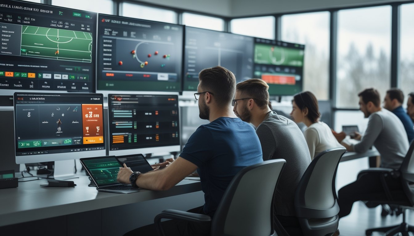 Beberapa orang sedang melihat layar komputer dan perangkat elektronik yang menampilkan statistik dan prediksi skor pertandingan sepak bola.