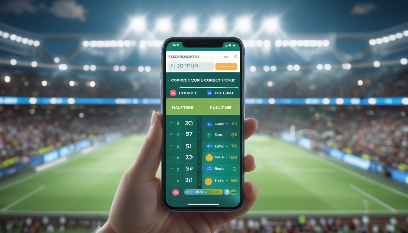Seseorang memegang ponsel yang menampilkan aplikasi taruhan skor tepat babak pertama dan penuh waktu saat pertandingan sepak bola di stadion yang ramai.