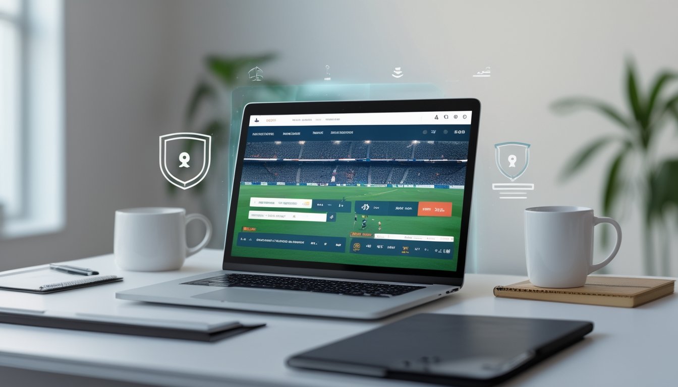 Layar perangkat digital menampilkan pertandingan sepak bola dengan opsi taruhan skor benar babak pertama dan penuh waktu, dikelilingi simbol keamanan dan suasana meja kerja minimalis.