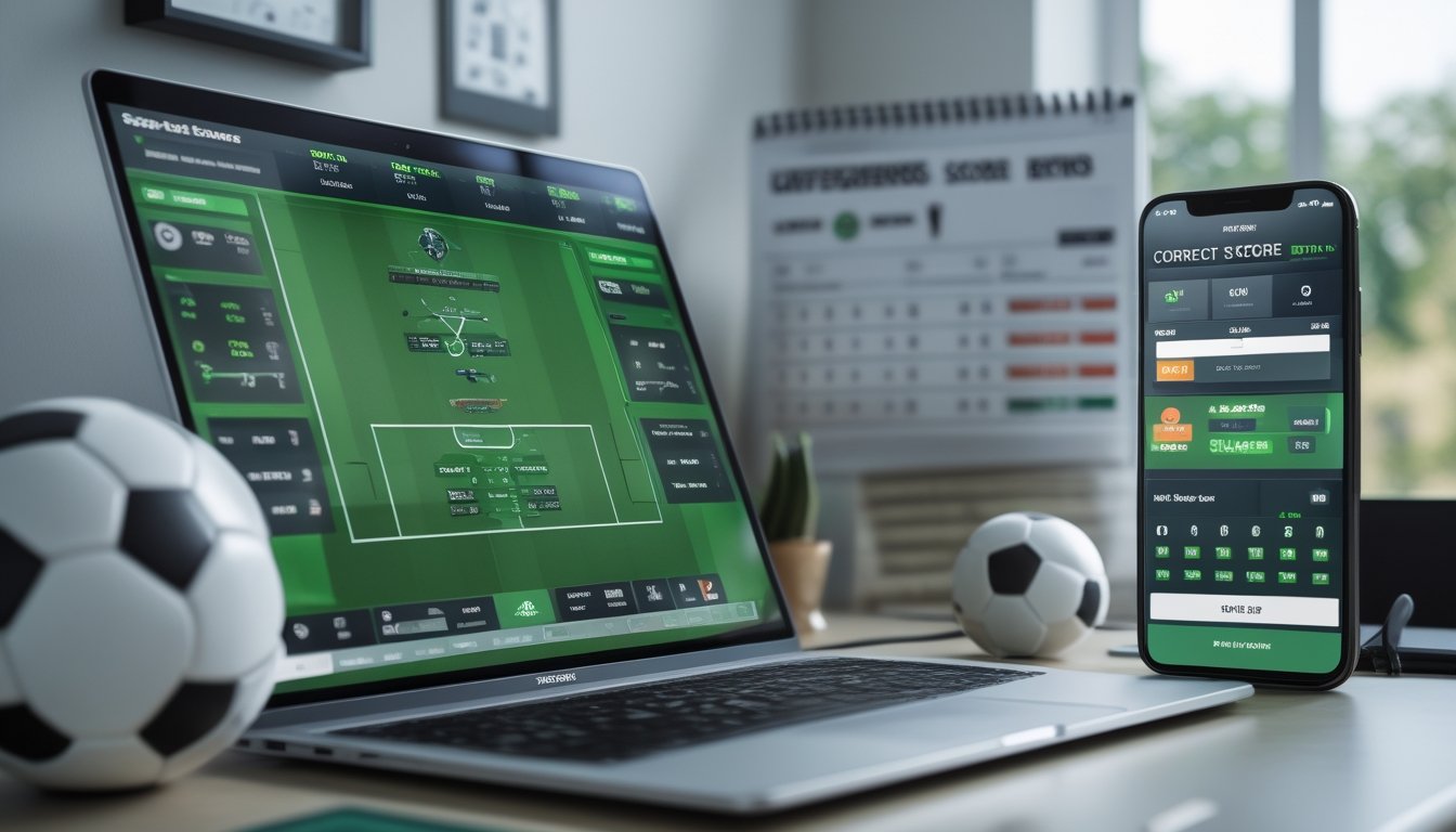 Seorang pria menggunakan laptop dan ponsel di meja kerja dengan tampilan statistik pertandingan sepak bola dan aplikasi taruhan.