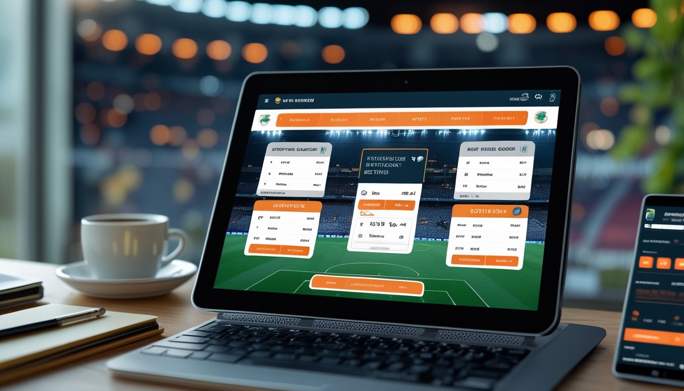 Seorang pengguna melihat layar perangkat digital yang menampilkan antarmuka taruhan skor penuh dan paruh waktu dalam pertandingan sepak bola.