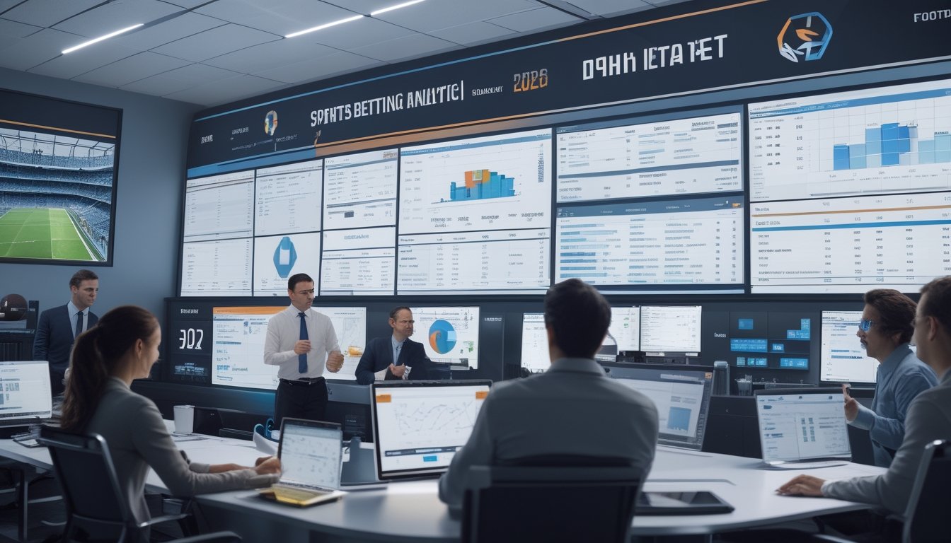 Sekelompok profesional sedang menganalisis data dan statistik pertandingan sepak bola di kantor modern dengan layar digital besar.