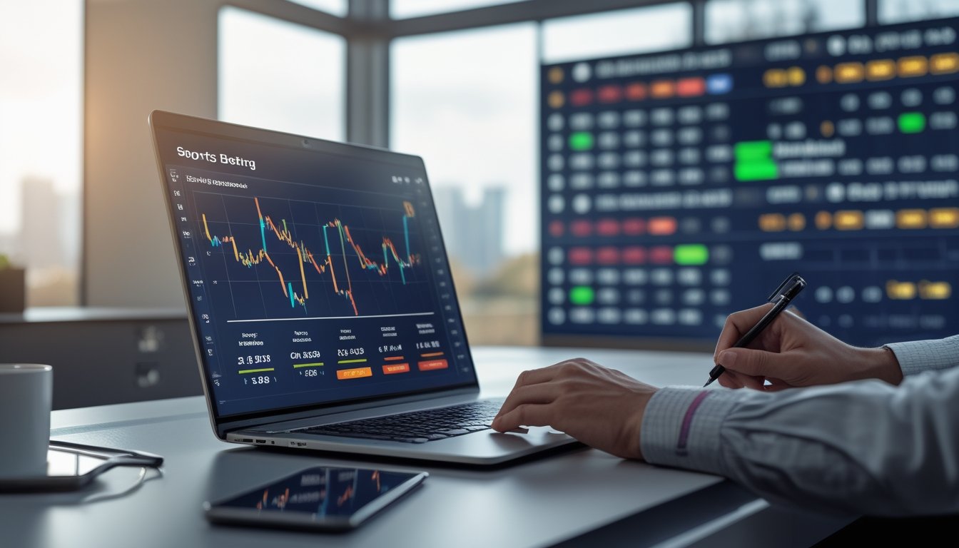 Seorang profesional di kantor modern sedang menganalisis data prediksi skor pertandingan sepak bola dengan laptop dan grafik di layar.