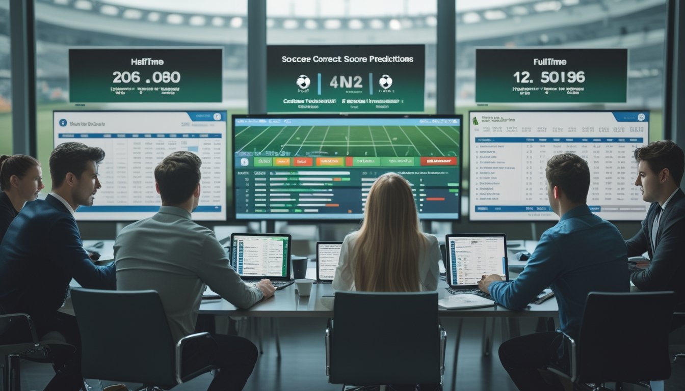 Sekelompok orang sedang menganalisis data pertandingan sepak bola menggunakan perangkat digital di sebuah ruangan modern.