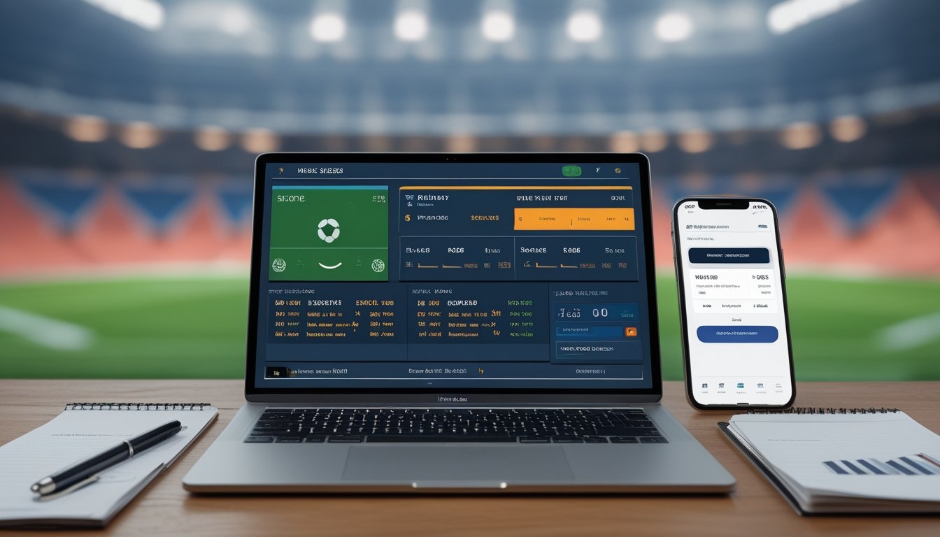 Meja kerja dengan laptop yang menampilkan statistik pertandingan sepak bola dan perangkat elektronik lainnya di latar belakang stadion sepak bola.