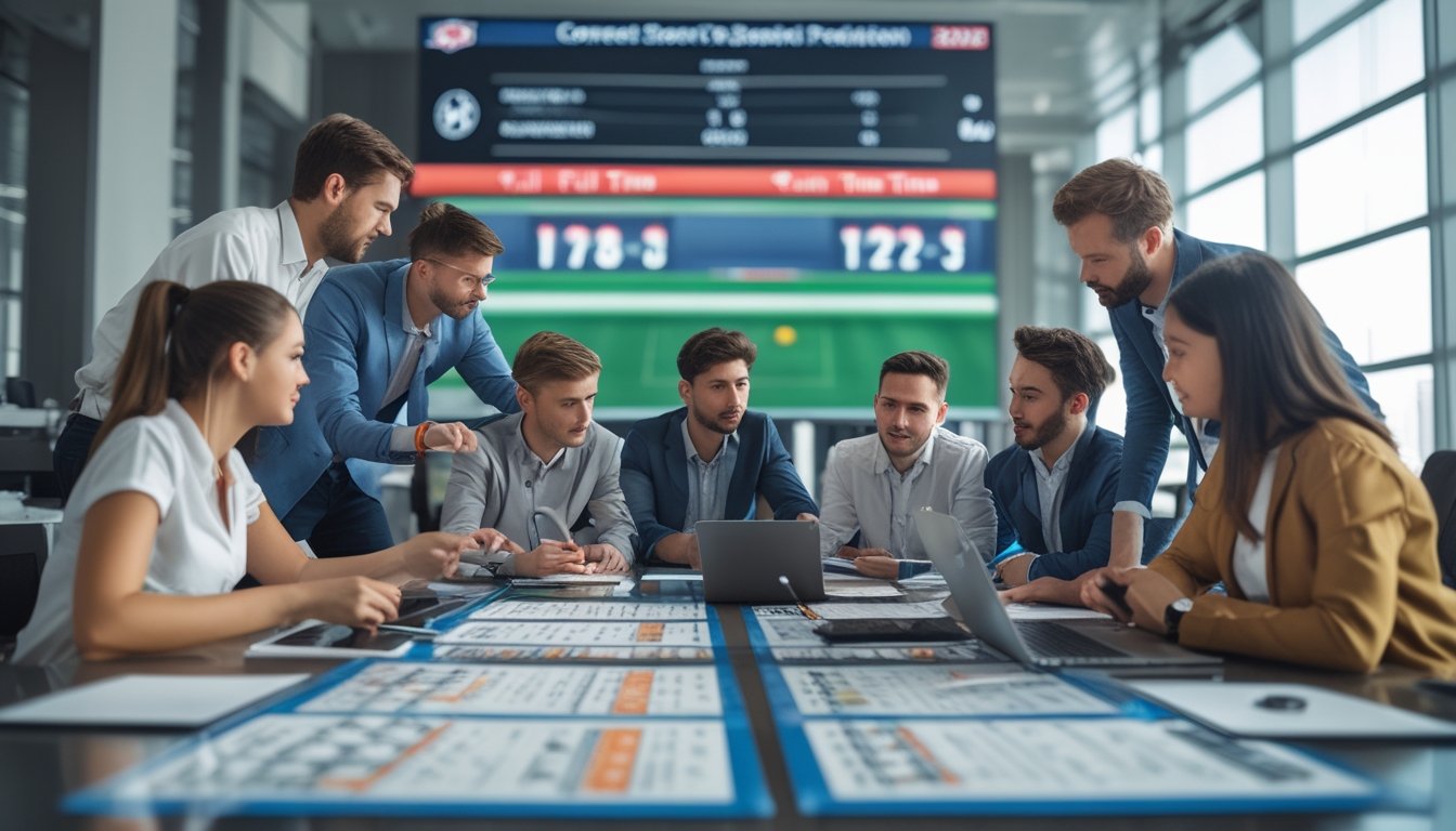 Sekelompok orang muda sedang berdiskusi dan menganalisis data skor pertandingan sepak bola di sebuah ruang kantor.