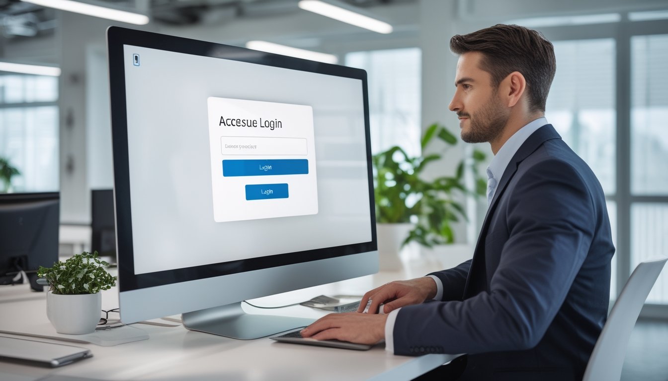 Seorang profesional sedang menggunakan komputer dengan layar login di kantor modern yang terang dan rapi.