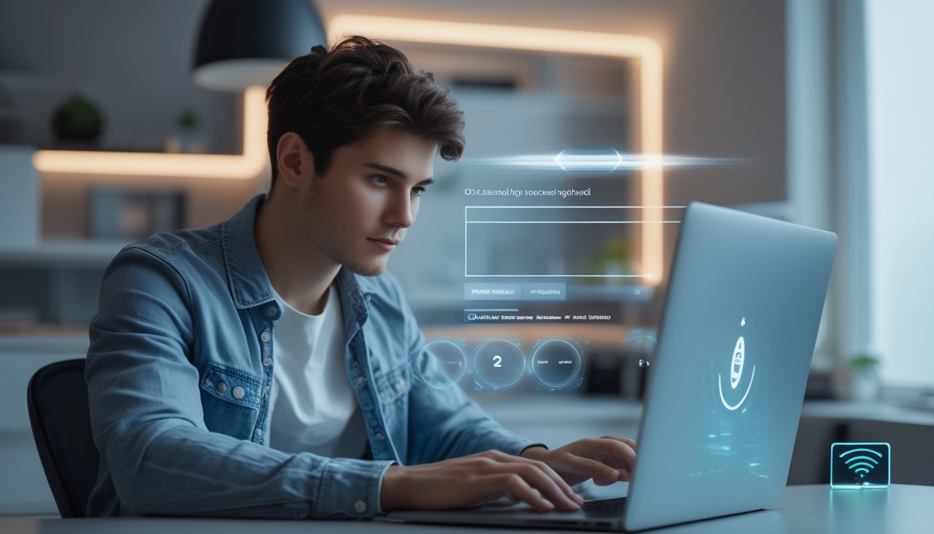 Seseorang sedang menggunakan laptop di ruang kerja modern dengan layar yang menampilkan antarmuka login yang aman.