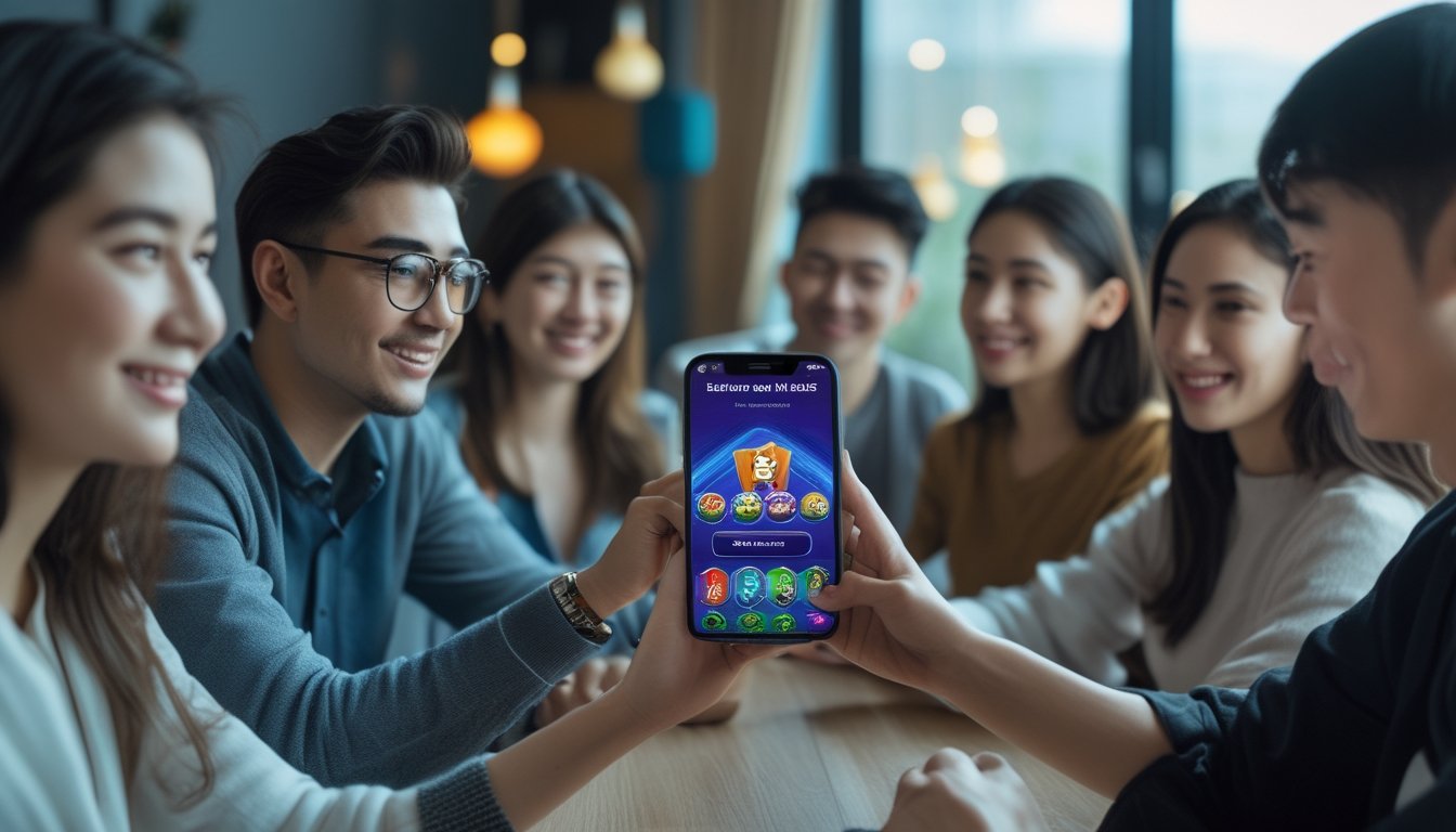 Sekelompok orang muda bermain game kartu online di ponsel dalam ruangan yang nyaman.