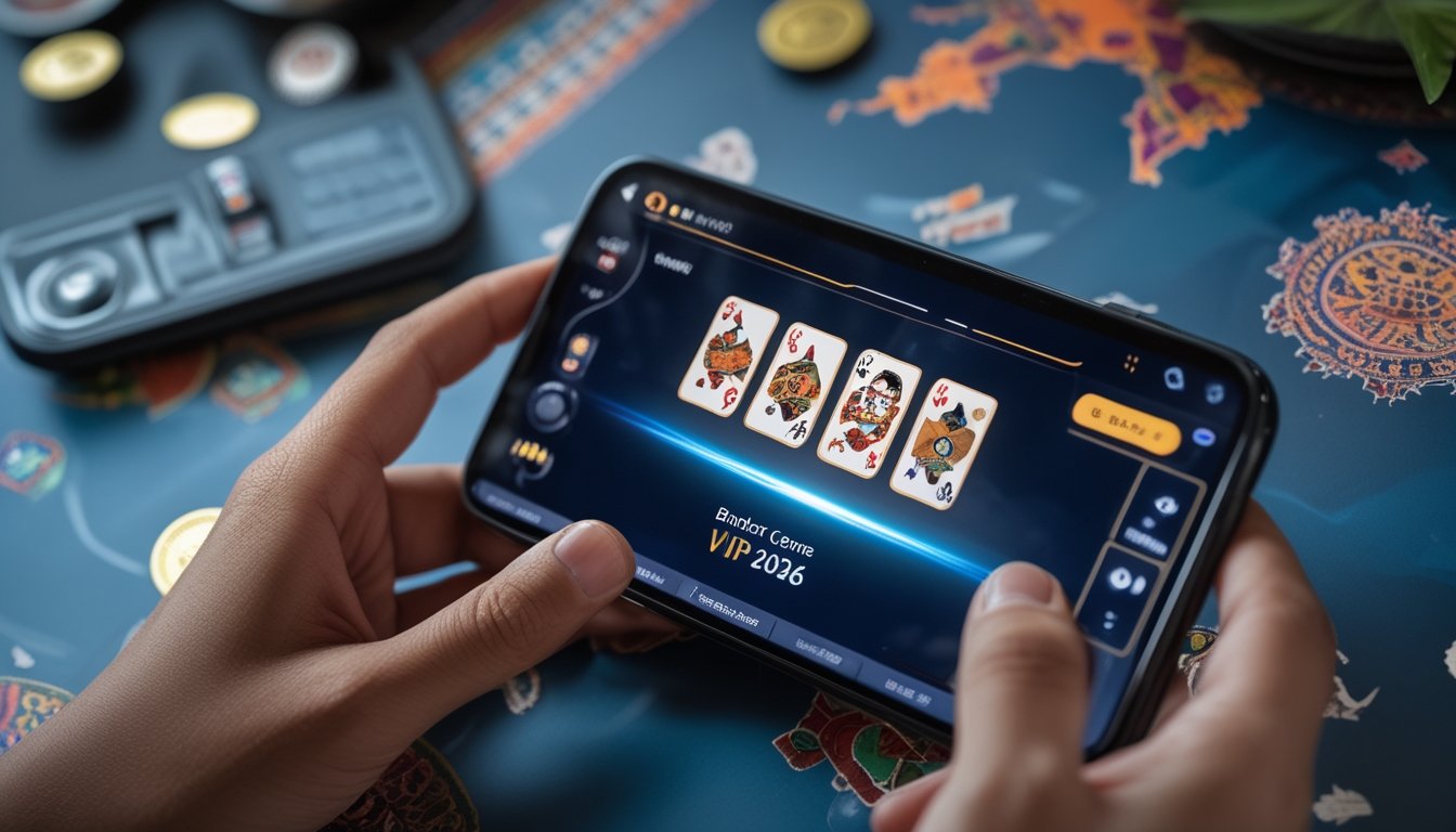 Seseorang memegang ponsel yang menampilkan permainan kartu online dengan latar belakang elemen budaya Indonesia.