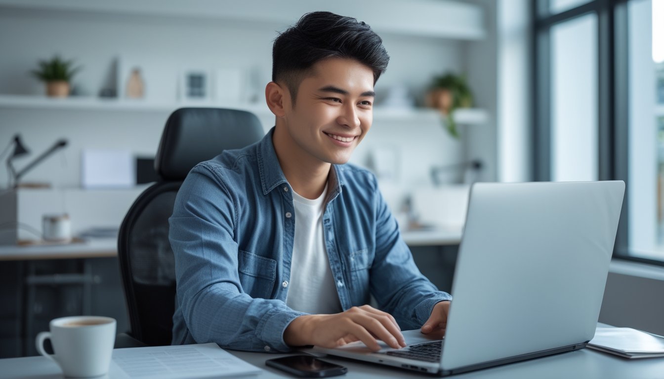 Seorang pria muda Asia Tenggara duduk di meja kantor modern menggunakan laptop dengan ekspresi fokus dan puas.
