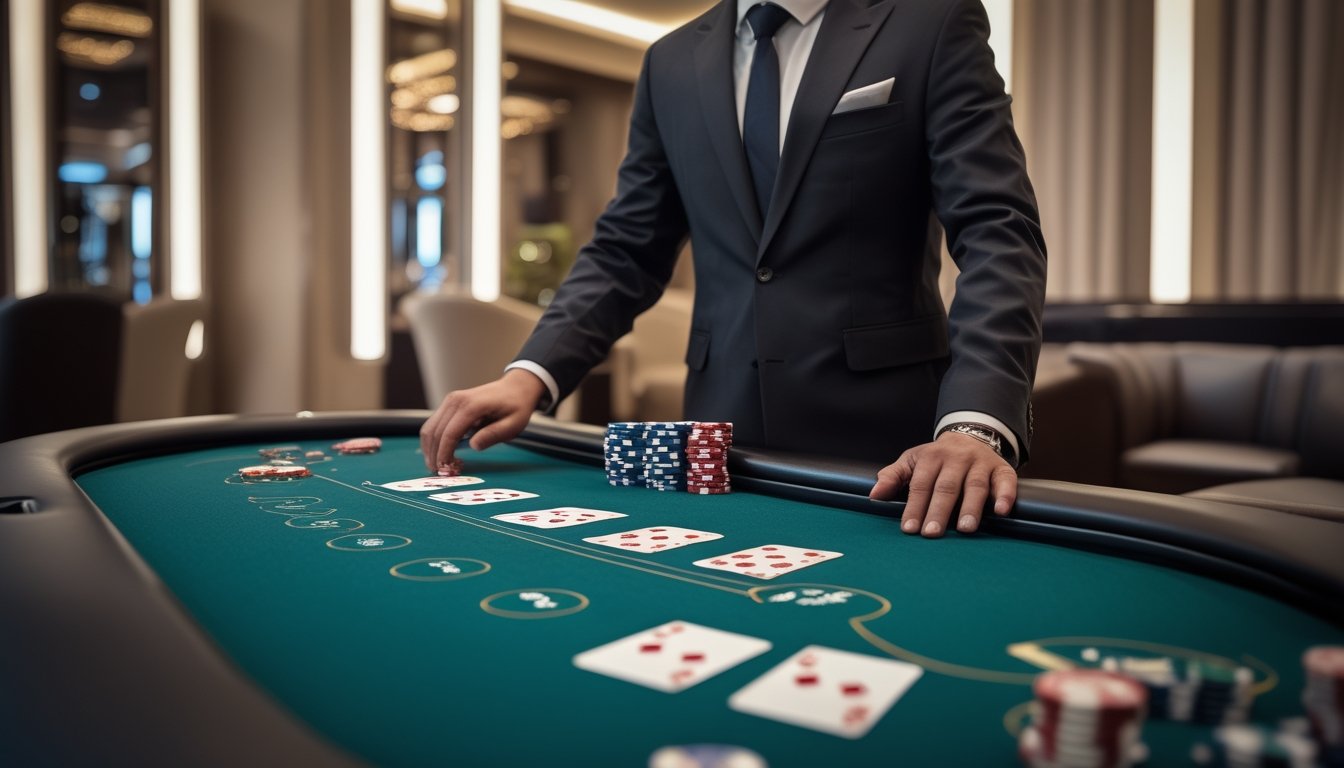 Seorang dealer profesional sedang mengatur kartu dan chip di meja permainan Ceme VIP di dalam kasino yang mewah.
