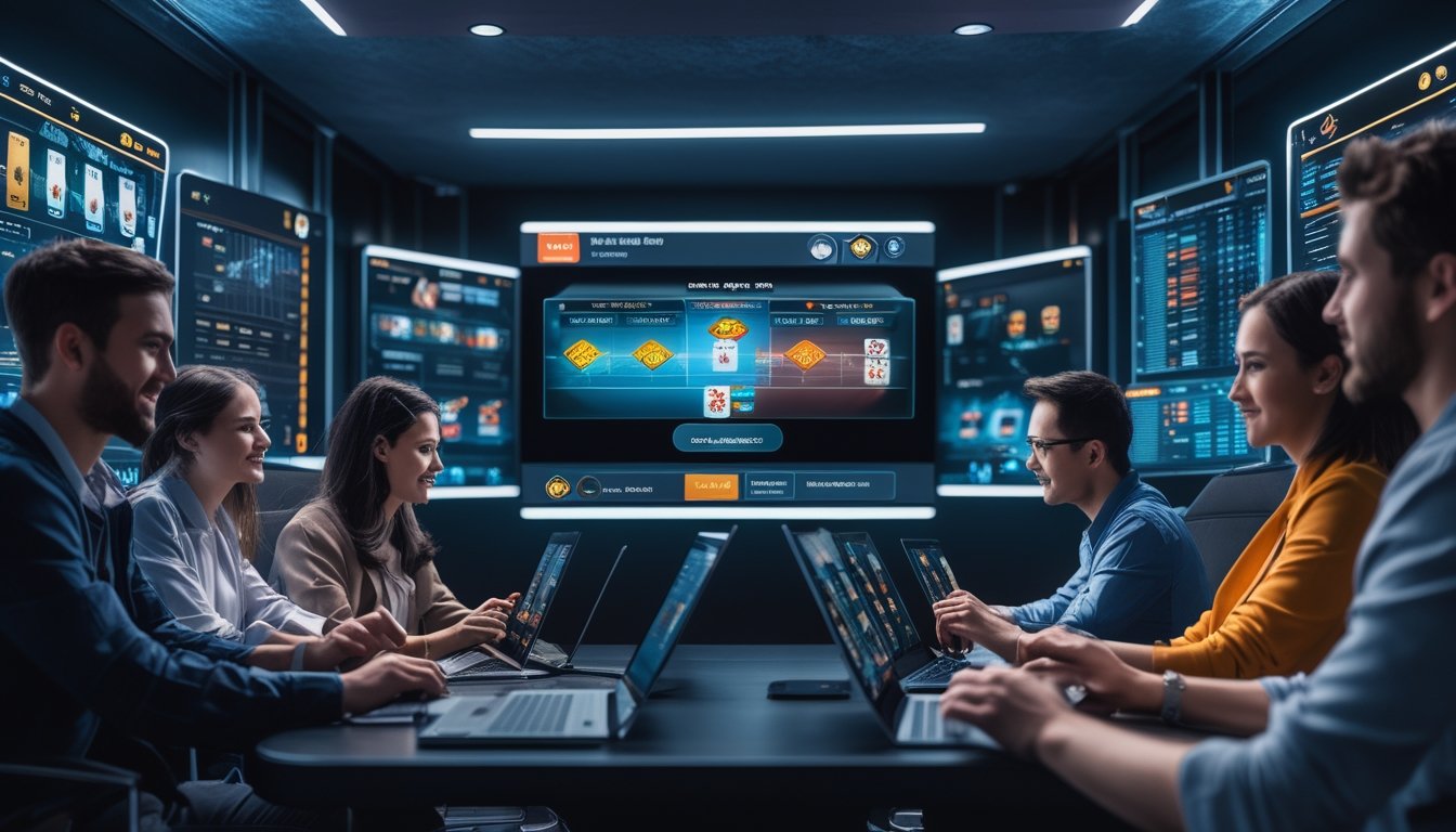 Suasana ruang modern dengan beberapa orang bermain permainan kartu secara online menggunakan perangkat digital.