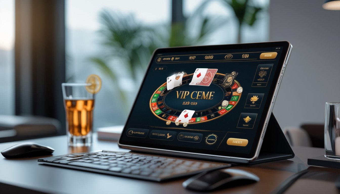 Seseorang menggunakan perangkat digital untuk bermain permainan kartu ceme VIP secara online di meja kerja yang rapi.