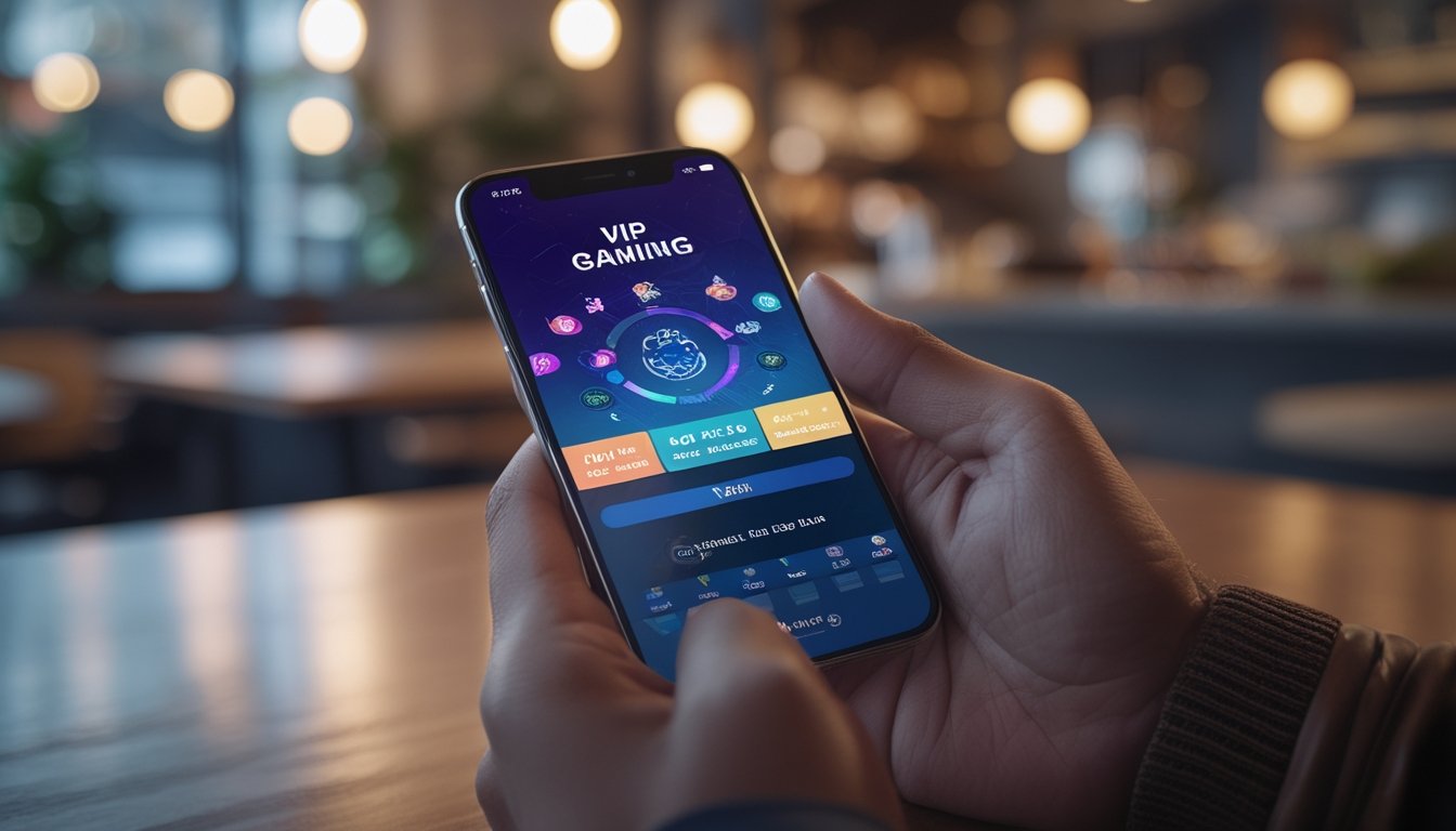 Seseorang memegang ponsel pintar yang menampilkan aplikasi permainan online dengan latar belakang ruangan yang nyaman dan terang.
