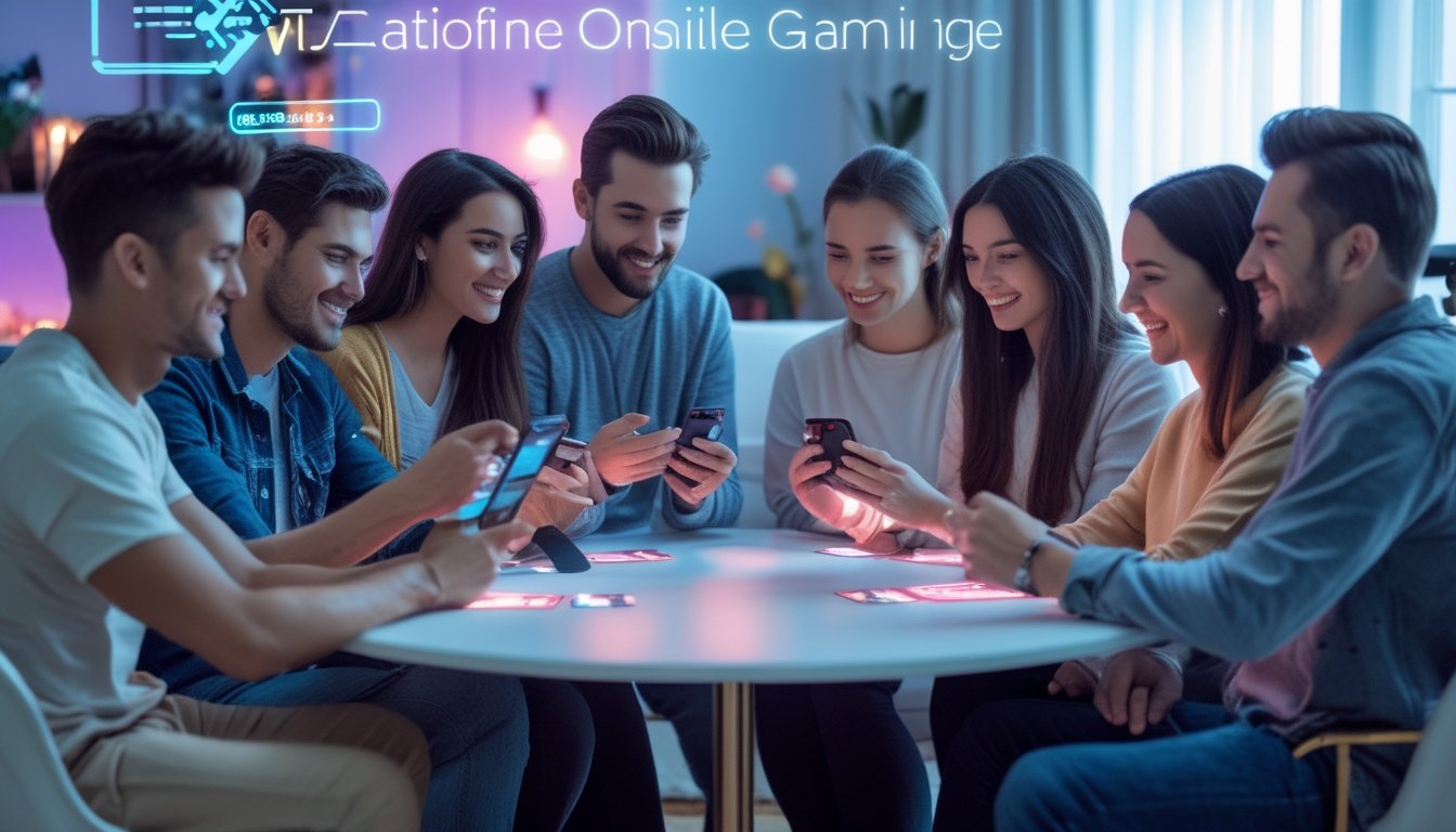 Sekelompok orang muda menggunakan ponsel pintar di ruang tamu modern sambil bermain game kartu online bersama.