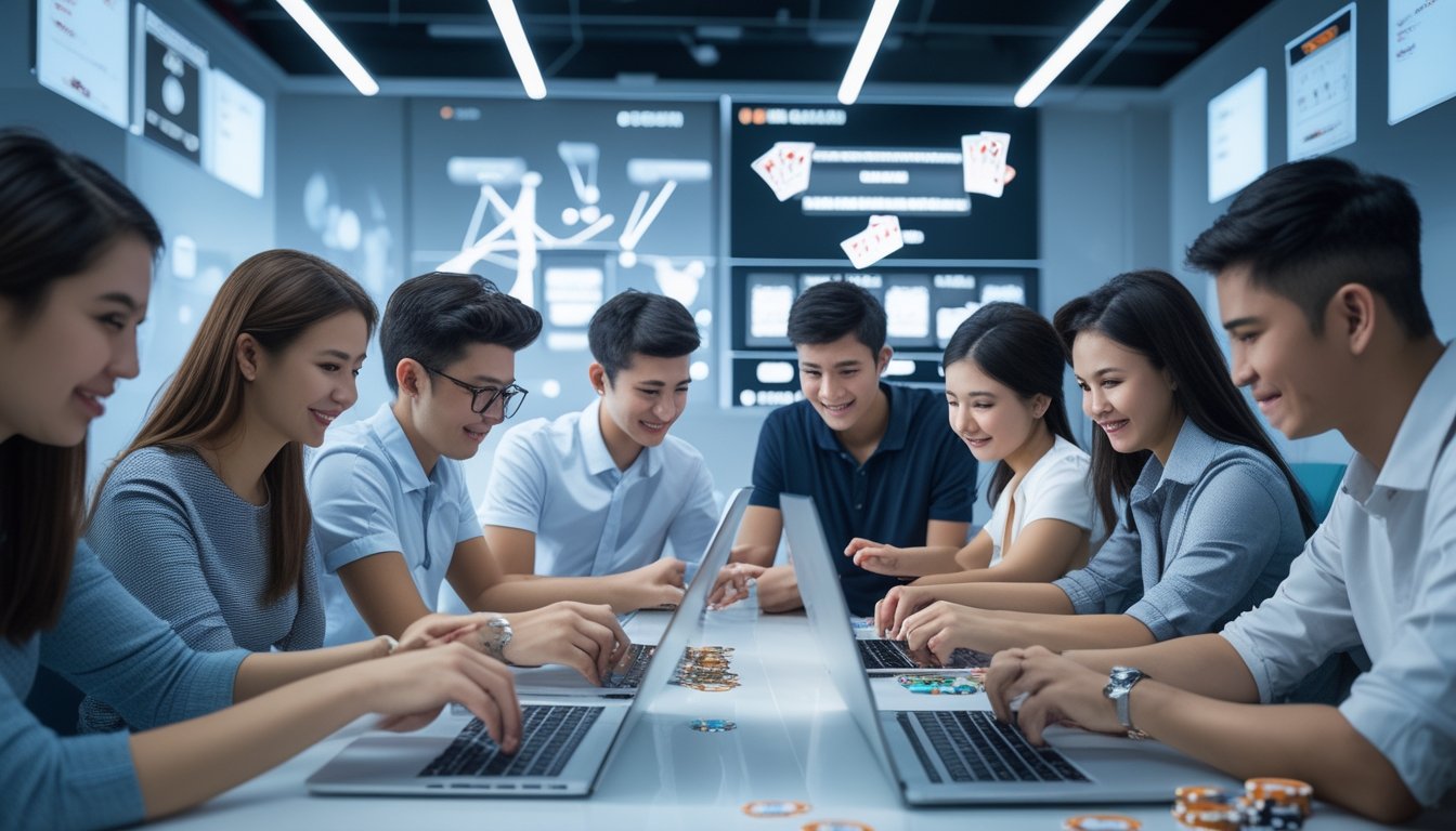 Sekelompok orang muda bermain kartu secara online di ruang kantor modern dengan perangkat digital.