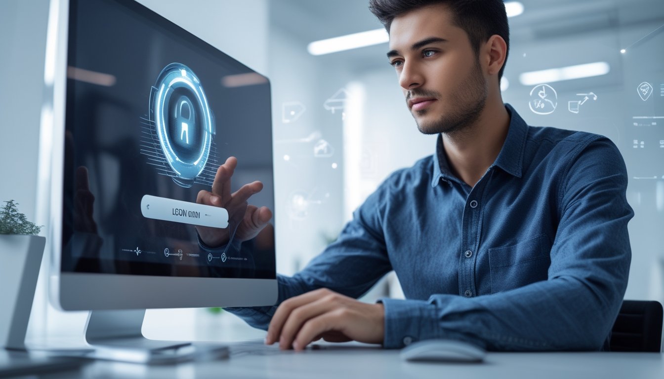 Seorang dewasa muda menggunakan perangkat digital dengan antarmuka login yang aman dan mudah diakses di lingkungan kantor yang modern.