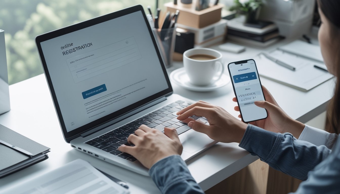 Seseorang sedang mengetik di laptop dengan ponsel di sampingnya di meja kerja yang rapi, menyiapkan pendaftaran online.