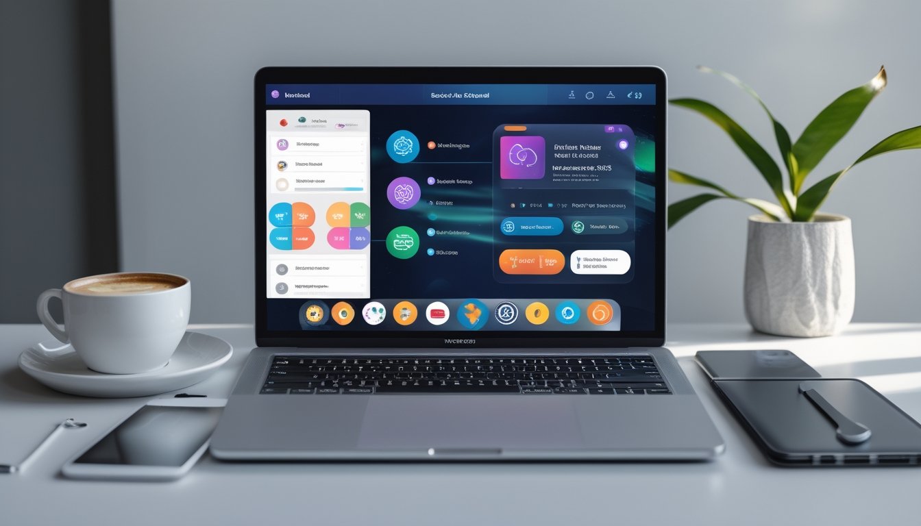 Antarmuka digital modern pada layar laptop dengan tampilan yang mudah digunakan di ruang kerja minimalis.