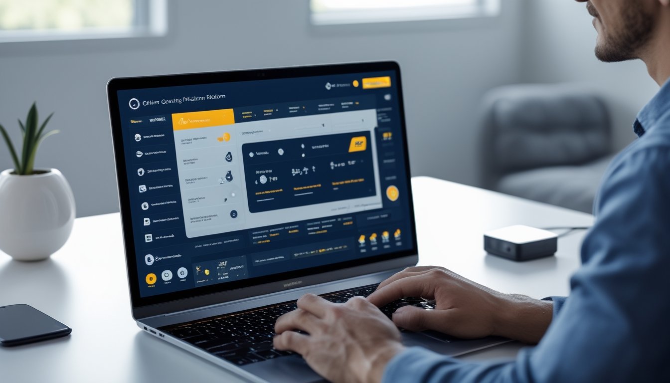 Seseorang menggunakan laptop di ruang kerja modern dengan tampilan antarmuka platform permainan online yang mudah digunakan.