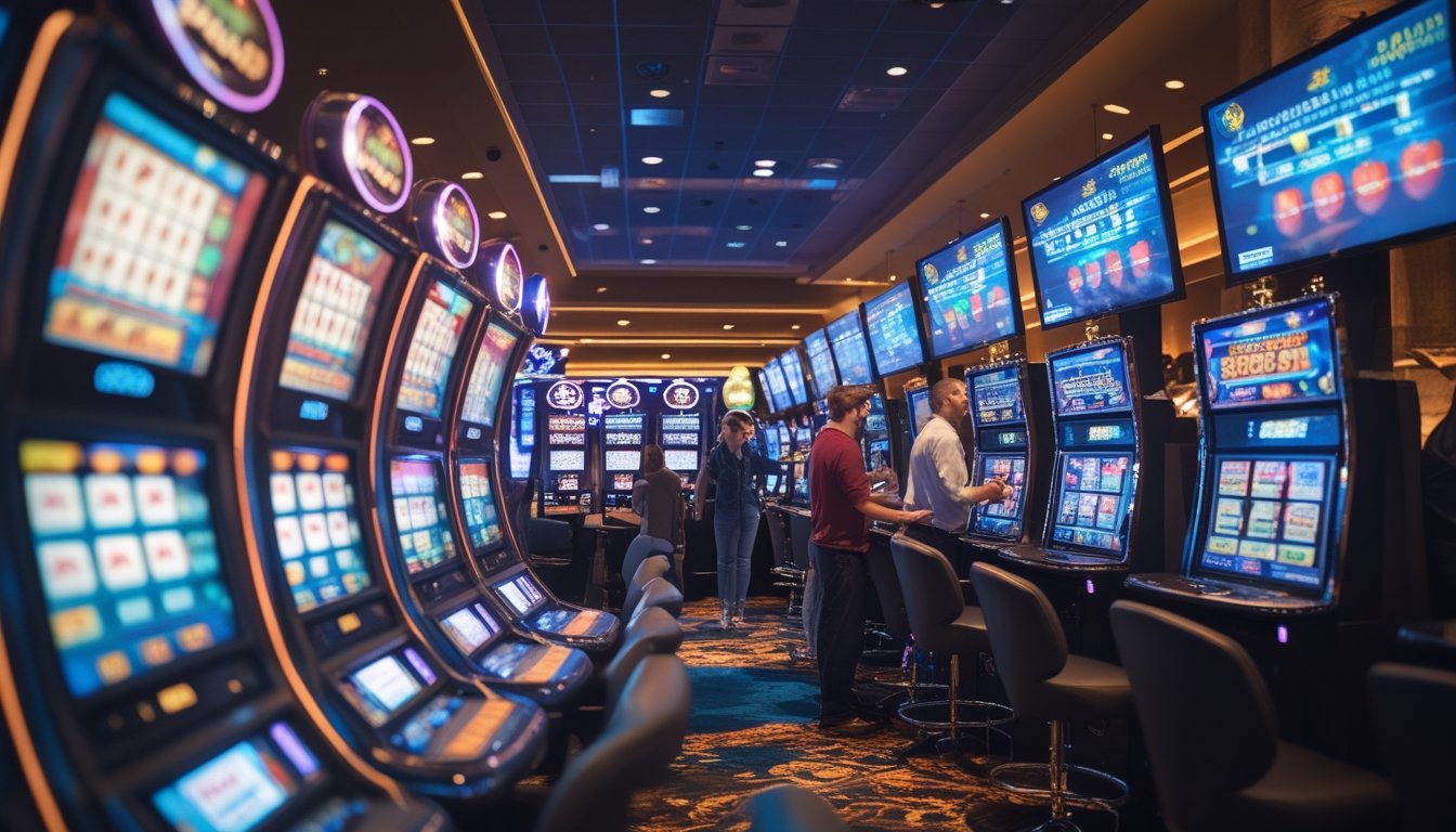 Suasana kasino modern dengan deretan mesin slot yang menyala dan pemain yang sedang menikmati permainan.