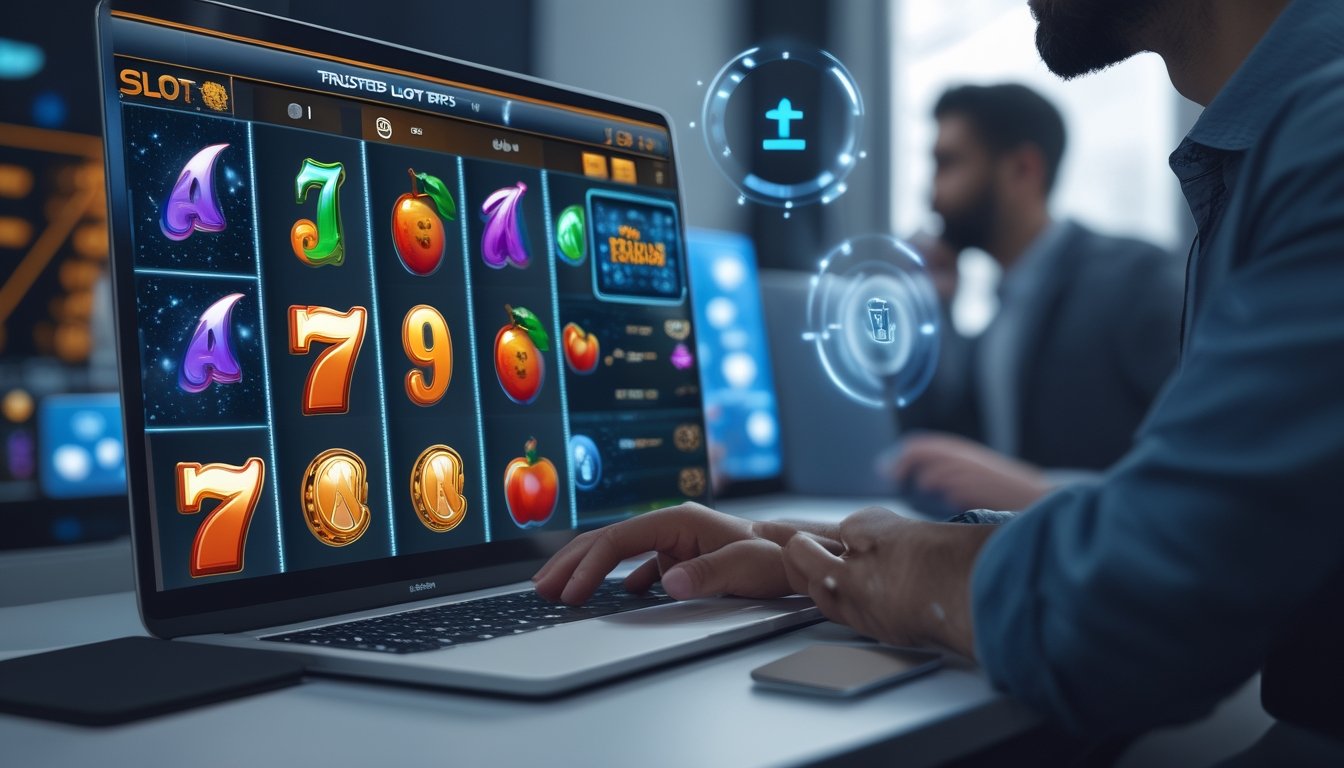 Seseorang menggunakan laptop dengan tampilan mesin slot digital berwarna-warni pada layar di ruang kerja yang terang.