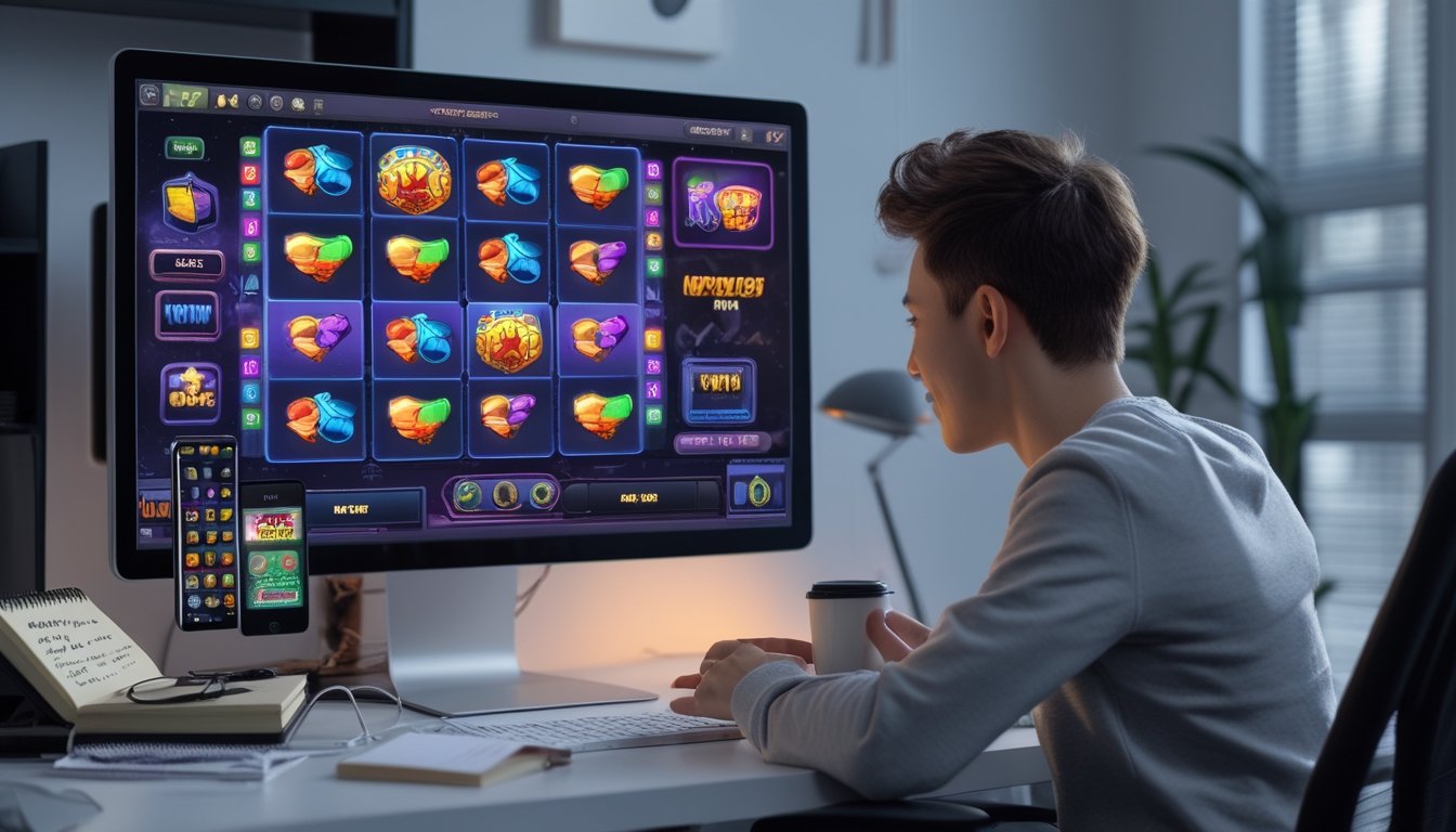 Seorang pemuda duduk di depan komputer dengan layar menampilkan permainan slot online berwarna-warni, di meja terdapat catatan dan ponsel, suasana fokus dan nyaman.