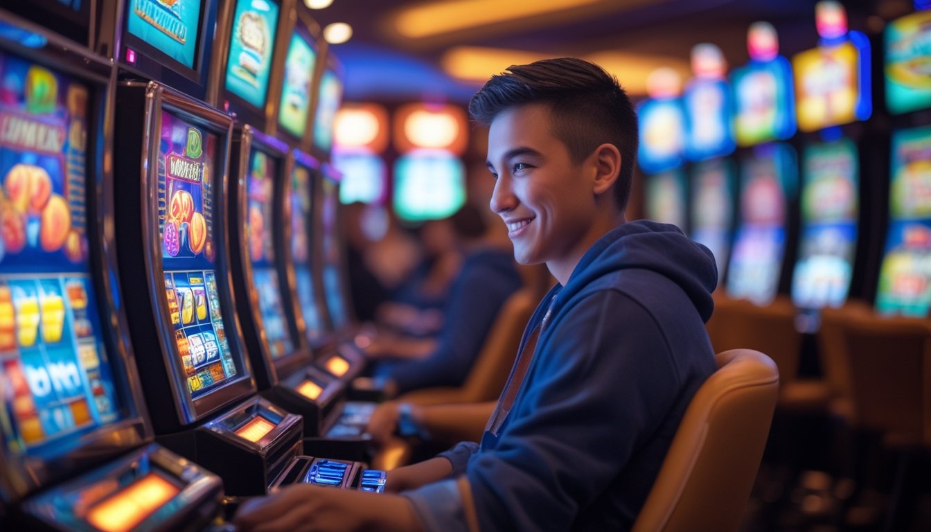 Seorang pemain muda sedang duduk di depan mesin slot yang menyala di dalam kasino yang ramai.