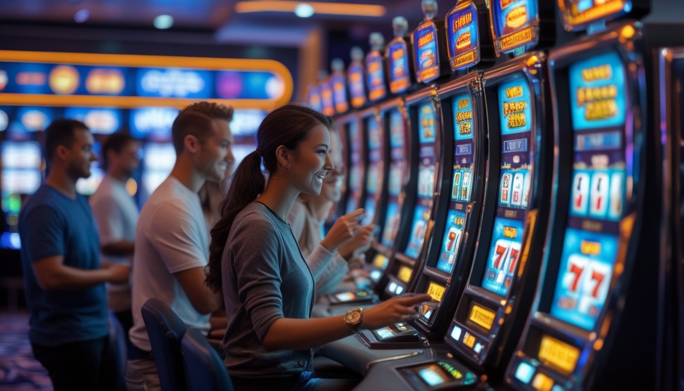 Orang-orang bermain mesin slot yang terang dan berwarna-warni di dalam kasino modern.
