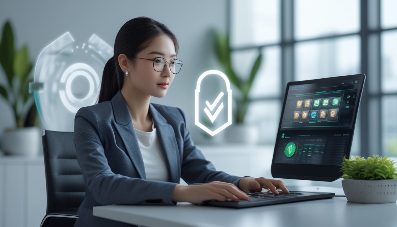 Seorang wanita muda duduk di meja kantor modern dengan laptop, fokus pada layar yang menampilkan antarmuka permainan online, dikelilingi oleh simbol keamanan dan legalitas.