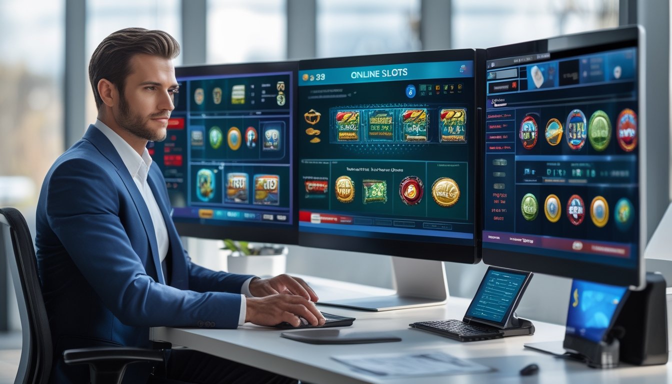 Seorang profesional duduk di meja kantor modern dengan beberapa layar komputer yang menampilkan permainan slot online dan grafik keuangan, sedang menganalisis data dengan ekspresi fokus.