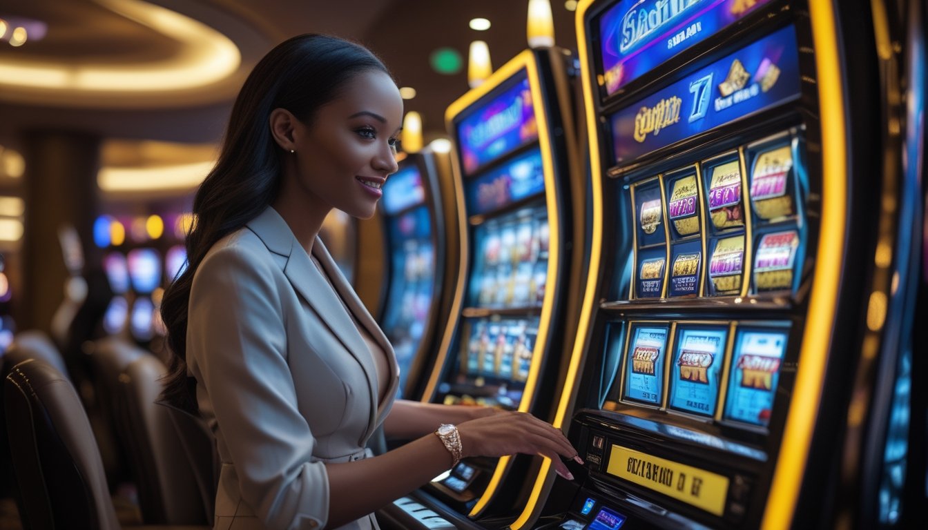 Seorang pemain slot yang percaya diri sedang menggunakan mesin slot yang menyala di dalam kasino modern.