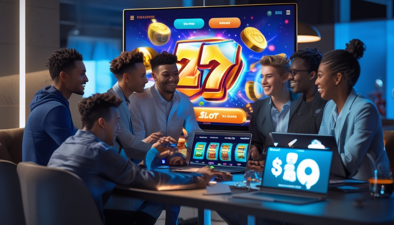 Beberapa orang muda sedang bermain game slot online di ruangan modern dengan layar digital besar dan perangkat elektronik.