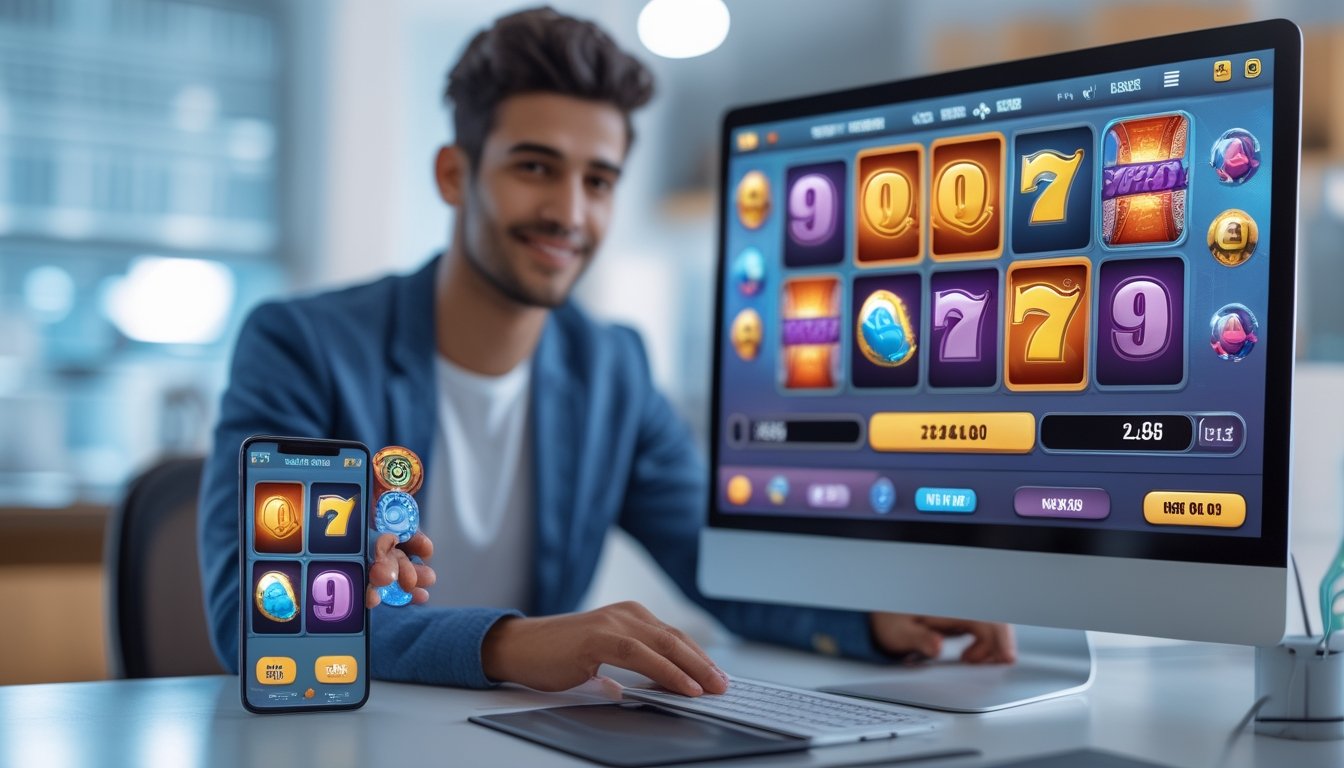 Seorang dewasa muda duduk di meja dengan laptop dan ponsel yang menampilkan permainan slot warna-warni, dengan latar belakang simbol keamanan dan pembayaran cepat.