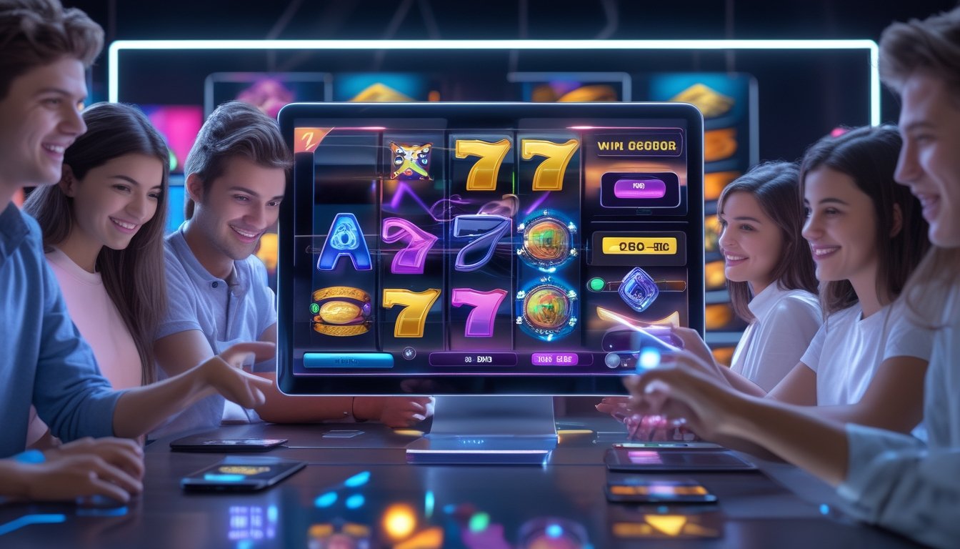 Beberapa orang muda sedang bermain game slot online terbaru menggunakan perangkat digital di ruangan dengan pencahayaan modern.