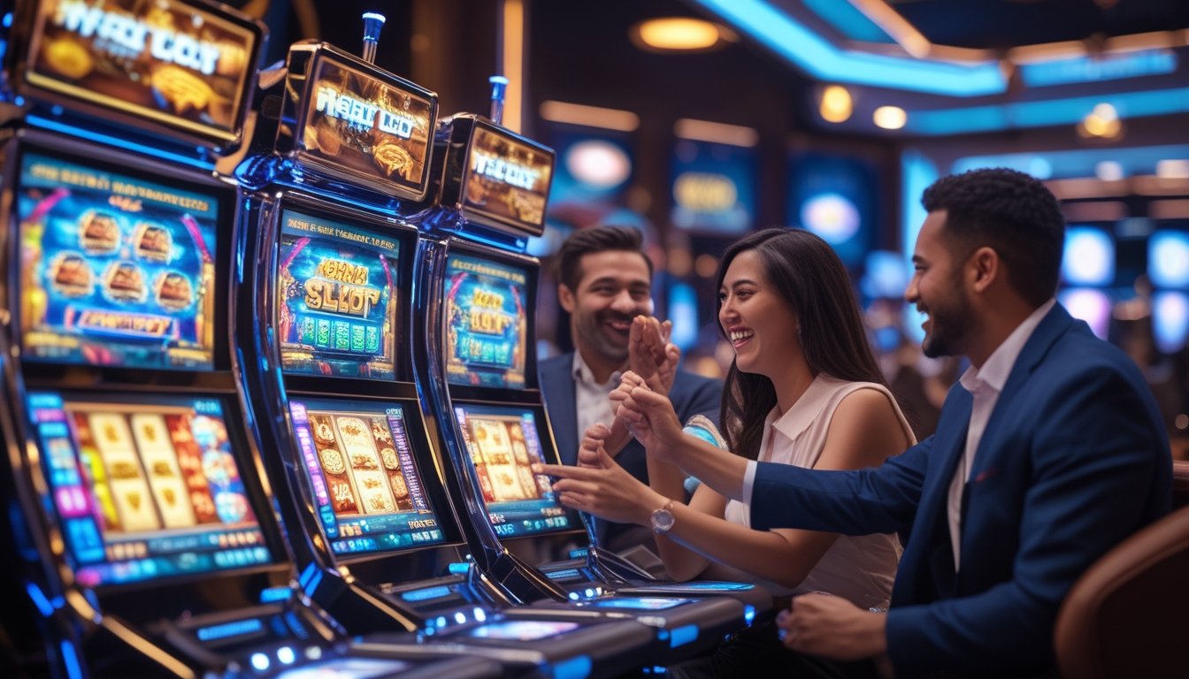 Orang-orang bermain mesin slot modern di kasino dengan suasana cerah dan penuh warna.
