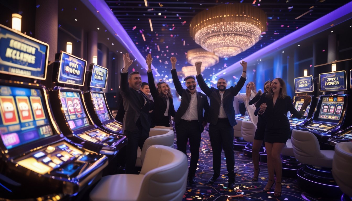 Orang-orang bermain mesin slot di dalam kasino modern dengan suasana meriah dan penuh kegembiraan.