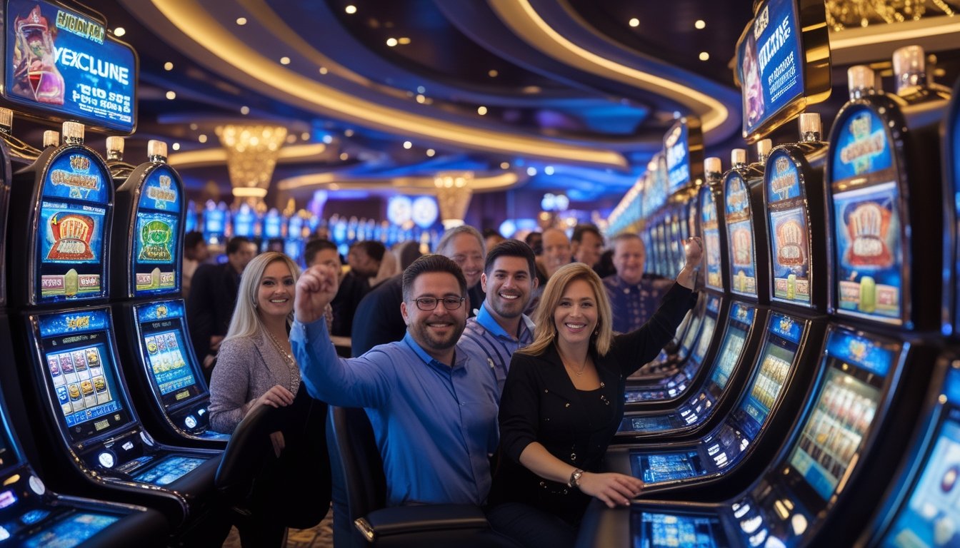 Suasana kasino modern dengan mesin slot berwarna-warni dan orang-orang yang terlihat senang dan antusias bermain mesin slot.