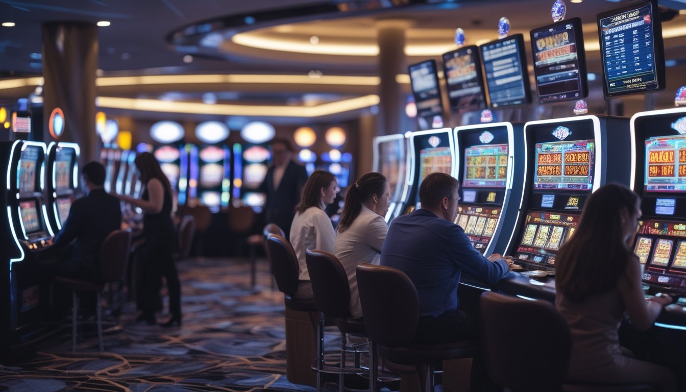 Orang-orang bermain dan mengamati mesin slot di dalam kasino yang terang dan rapi.
