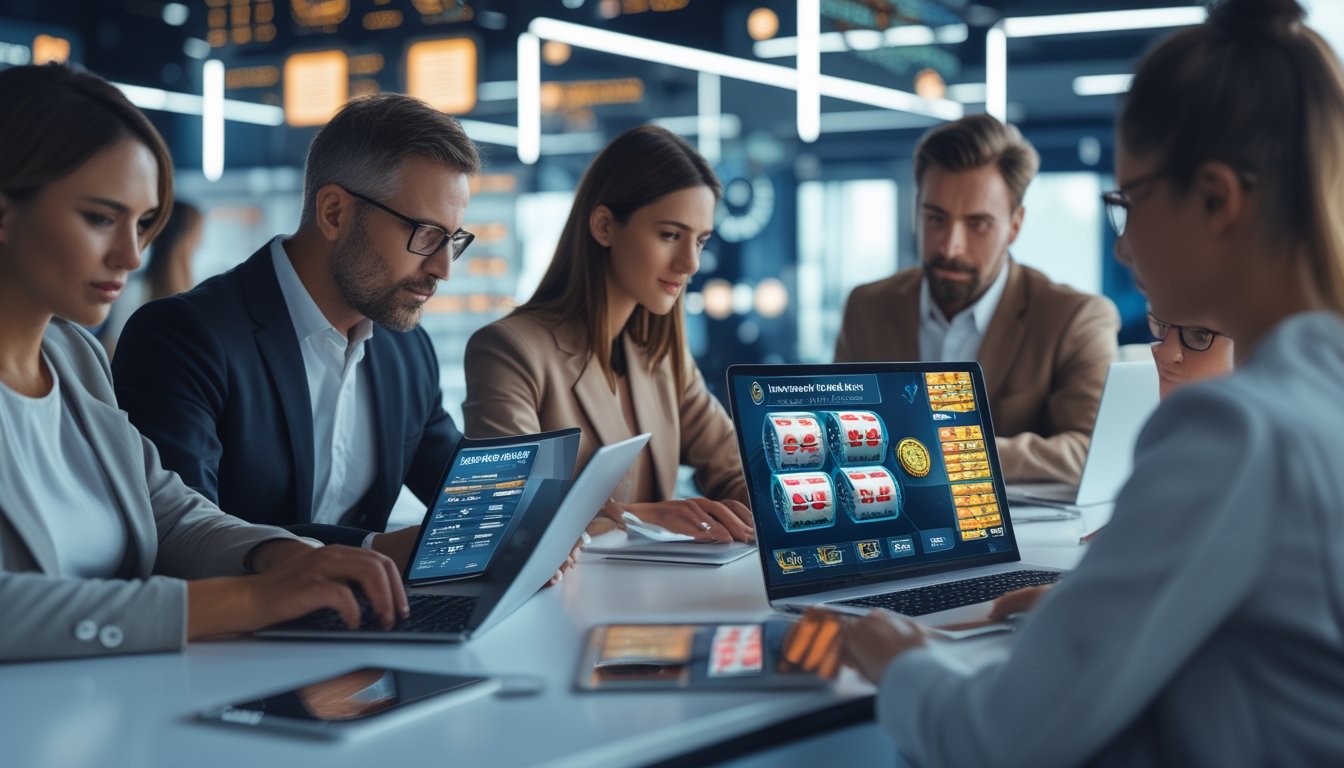 Beberapa orang menggunakan perangkat digital di kantor modern sambil memantau permainan slot online dengan grafik dan ikon keamanan.